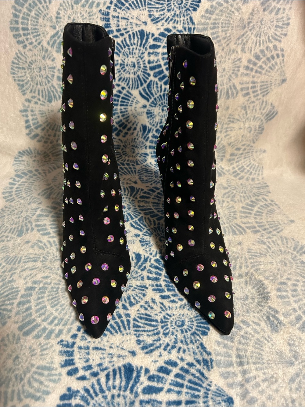 Cape Robbin Black Pointed Studded Ankle Boots with Iridescent Gems